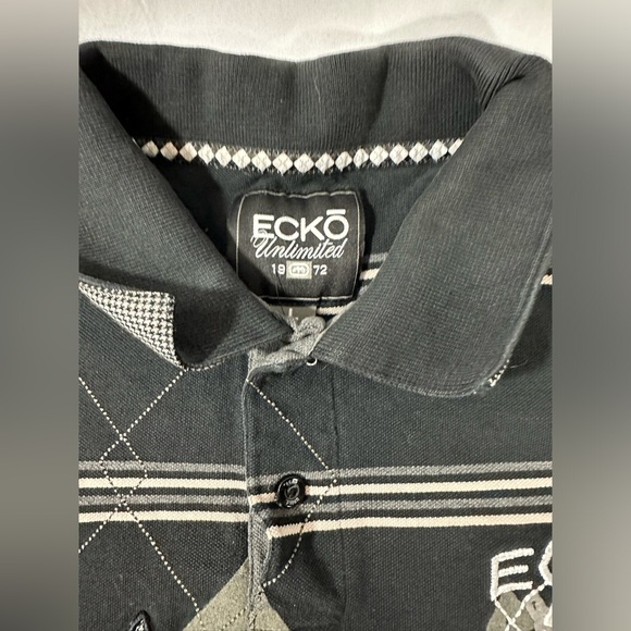 2000s ECKO EMBROIDERED POLO LARGE BLACK RHOMBUS STRIPED - Picture 4 of 15